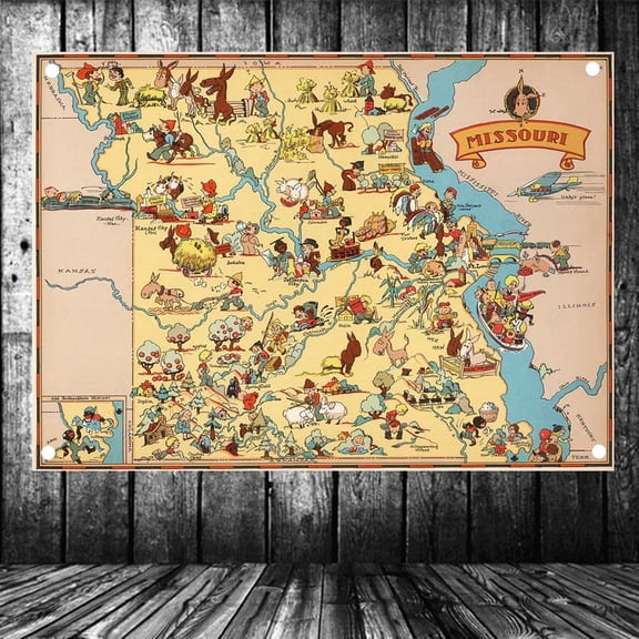 United States Published in 1935 Missouri Map Flag Banner Vintage Wall Art Posters and Prints Canvas Painting Wall Hanging Cloth Tapestry Room, Office, Home Decoration,38X57 inches