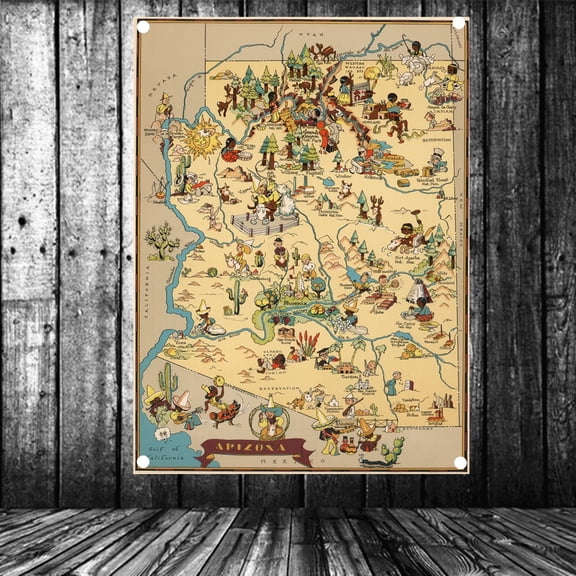 United States Published in 1935 New Arizona Map Flag Banner Vintage Wall Art Posters and Prints Canvas Painting Wall Hanging Cloth Tapestry Room, Office, Home Decoration,38X57 inches