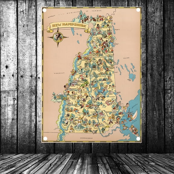 United States Published in 1935 New Hampshire Map Flag Banner Vintage Wall Art Posters and Prints Canvas Painting Wall Hanging Cloth Tapestry Room, Office, Home Decoration,38X57 inches