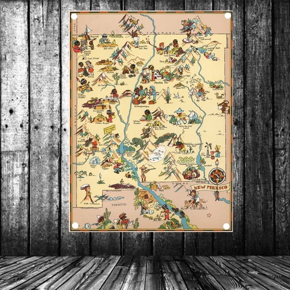 United States Published in 1935 New Mexico Map Flag Banner Vintage Wall Art Posters and Prints Canvas Painting Wall Hanging Cloth Tapestry Room, Office, Home Decoration,38X57 inches