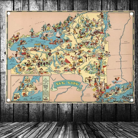 United States Published in 1935 New York State Map Flag Banner Vintage Wall Art Posters and Prints Canvas Painting Wall Hanging Cloth Tapestry Room, Office, Home Decoration,38X57 inches