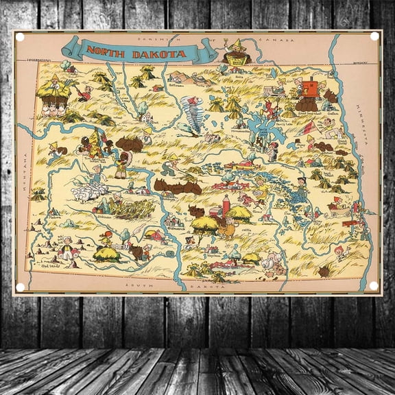 United States Published in 1935 North Dakota Map Flag Banner Vintage Wall Art Posters and Prints Canvas Painting Wall Hanging Cloth Tapestry Room, Office, Home Decoration,38X57 inches