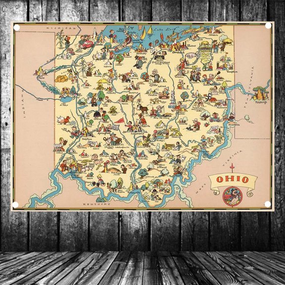United States Published in 1935 Ohio Map Flag Banner Vintage Wall Art Posters and Prints Canvas Painting Wall Hanging Cloth Tapestry Room, Office, Home Decoration,38X57 inches