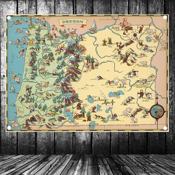 United States Published in 1935 Oregon Map Flag Banner Vintage Wall Art Posters and Prints Canvas Painting Wall Hanging Cloth Tapestry Room, Office, Home Decoration,38X57 inches