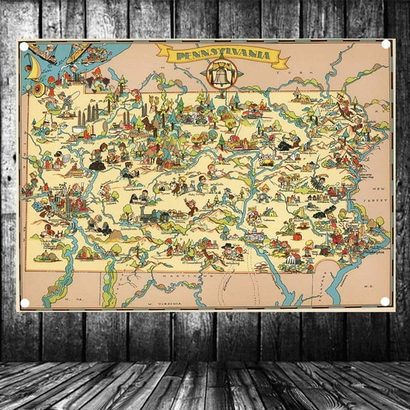 United States Published in 1935 Pennsylvania Map Flag Banner Vintage Wall Art Posters and Prints Canvas Painting Wall Hanging Cloth Tapestry Room, Office, Home Decoration,38X57 inches