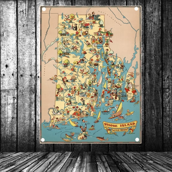 United States Published in 1935 Rhode Island Map Flag Banner Vintage Wall Art Posters and Prints Canvas Painting Wall Hanging Cloth Tapestry Room, Office, Home Decoration,38X57 inches