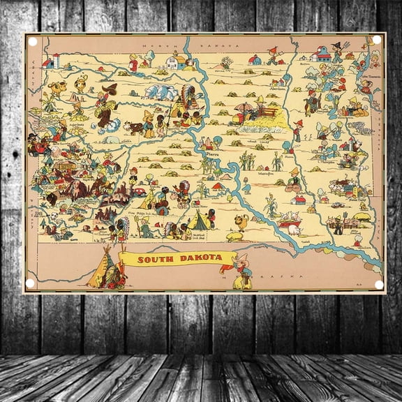United States Published in 1935 South Dakota Map Flag Banner Vintage Wall Art Posters and Prints Canvas Painting Wall Hanging Cloth Tapestry Room, Office, Home Decoration,38X57 inches