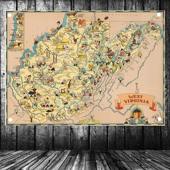 United States Published in 1935 West Virginia Map Flag Banner Vintage Wall Art Posters and Prints Canvas Painting Wall Hanging Cloth Tapestry Room, Office, Home Decoration,38X57 inches