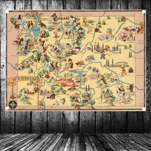 United States Published in 1935 Wyoming Map Flag Banner Vintage Wall Art Posters and Prints Canvas Painting Wall Hanging Cloth Tapestry Room, Office, Home Decoration,38X57 inches
