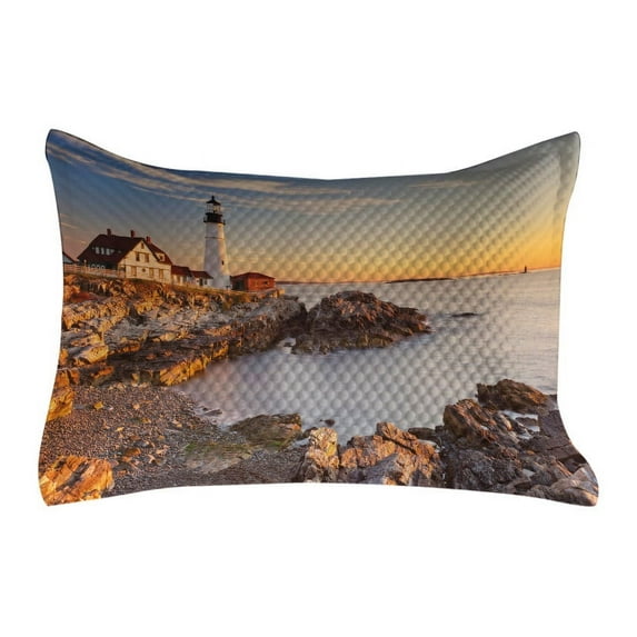 United States Quilted Pillowcover, Cape Elizabeth Maine River Portland Lighthouse Sunrise USA Coast Scenery, Standard King Size Accent Pillow Cover for Bedroom, 36" x 20", Pale Blue Tan, by Ambesonne