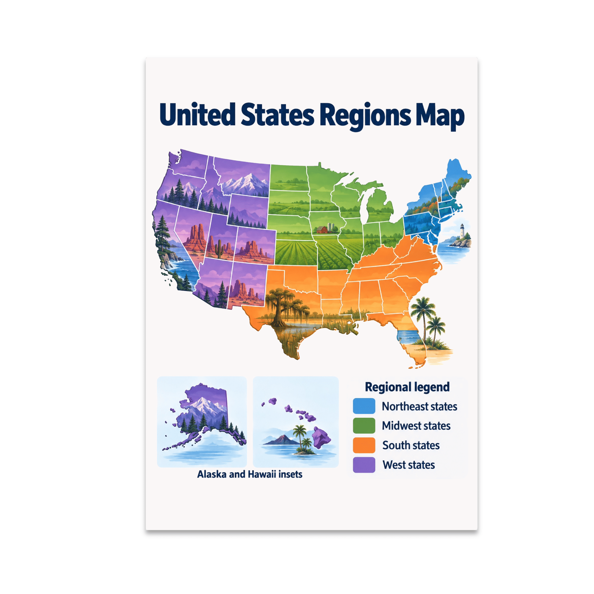 United States Regions Map Guide - Homeschool Geography Learners - 13x19