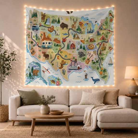 United States Road Trip Map with Pins and Wildlife, Adventurous Illustration for Travel Lovers, Map Wall Decor Graduation Gift, Tapestry Wall Hanging for Classroom and Dorm