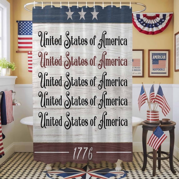 United States Shower Curtain, 48" x 72", Red Blue Independence Day Stars Vintage Wood Grain Waterproof Bathroom Curtain Washable Shower Curtain Set with 12 Hooks