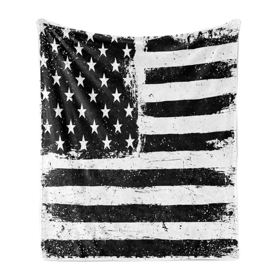 United States Soft Flannel Fleece Blanket, Grunge Aged Black and White American Flag Independence Fourth of July Design, Cozy Plush for Indoor and Outdoor Use, 50" x 70", Black White, by Ambesonne