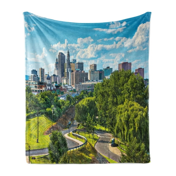 United States Soft Flannel Fleece Blanket, Hartford Connecticut USA Downtown Cityscape Aerial View Modern Life, Cozy Plush for Indoor and Outdoor Use, 50" x 70", Sky Blue Green Grey, by Ambesonne