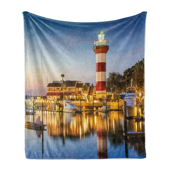 United States Soft Flannel Fleece Blanket, Hilton Head South Carolina Lighthouse Twilight Water Reflection Boats Idyllic, Cozy Plush for Indoor and Outdoor Use, 50" x 70", Multicolor, by Ambesonne