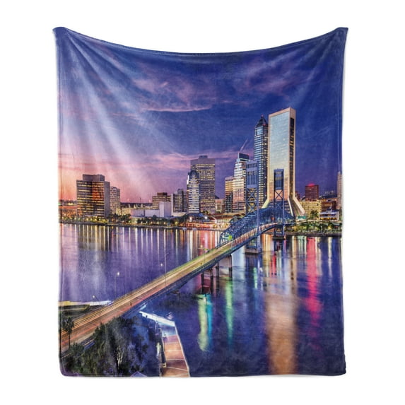 United States Soft Flannel Fleece Blanket, Jacksonville Florida Skyline Vibrant Night St. Johns River Scenic, Cozy Plush for Indoor and Outdoor Use, 60" x 80", Royal Blue Pale Pink, by Ambesonne