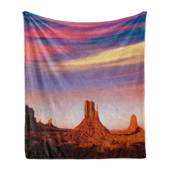 United States Soft Flannel Fleece Blanket, Monument Valley West Mitten and Merrick Butte Sunset Utah Desert, Cozy Plush for Indoor and Outdoor Use, 60" x 80", Dark Orange Pink Blue, by Ambesonne