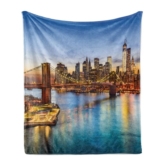United States Soft Flannel Fleece Blanket, New York City Skyline over East River Brooklyn Bridge Twilight, Cozy Plush for Indoor and Outdoor Use, 50" x 60", Blue Dark Orange Yellow, by Ambesonne