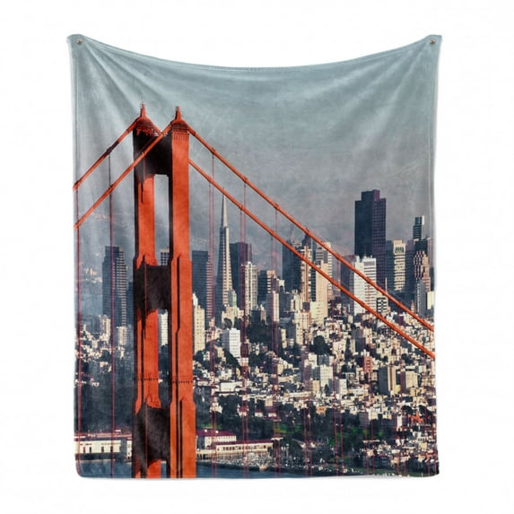 United States Soft Flannel Fleece Blanket, San Francisco Bridge and Cityscape Metropolis Financial District, Cozy Plush for Indoor and Outdoor Use, 50" x 60", Baby Blue Orange White, by Ambesonne
