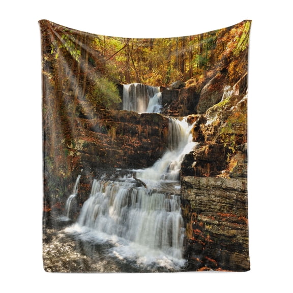 United States Soft Flannel Fleece Blanket, Upper Falls at Delaware Water Gap Autumn Nature Forest Scenery Cascade, Cozy Plush for Indoor and Outdoor Use, 70" x 90", Brown Green White, by Ambesonne