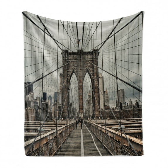 United States Soft Flannel Fleece Blanket, View of Historical Famous Brooklyn Bridge and Cable Pattern NYC Architecture, Cozy Plush for Indoor and Outdoor Use, 70" x 90", Beige Brown, by Ambesonne