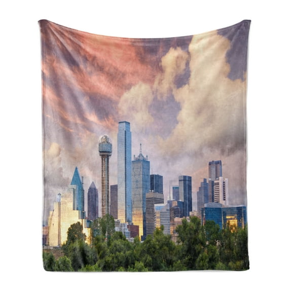 United States Soft Flannel Fleece Throw Blanket, Dallas City Skyline at Sunset Clouds Texas Highrise Skyscrapers Landmark, Cozy Plush for Indoor and Outdoor Use, 50" x 60", Multicolor, by Ambesonne