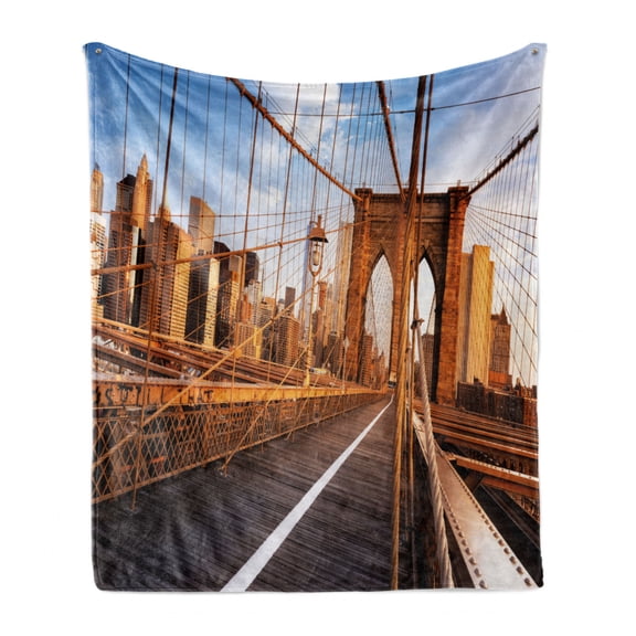 United States Soft Flannel Fleece Throw Blanket, Early Morning on Famous Brooklyn Bridge NYC Architecture, Cozy Plush for Indoor and Outdoor Use, 50" x 70", Pale Brown Pale Blue, by Ambesonne