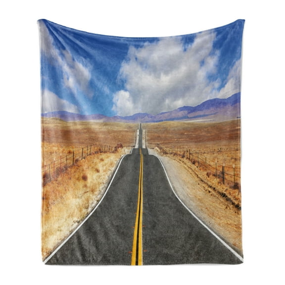 United States Soft Flannel Fleece Throw Blanket, Highway in California Steppe and Clouds Asphalt Road Horizon Hills Journey, Cozy Plush for Indoor and Outdoor Use, 50" x 70", Multicolor, by Ambesonne