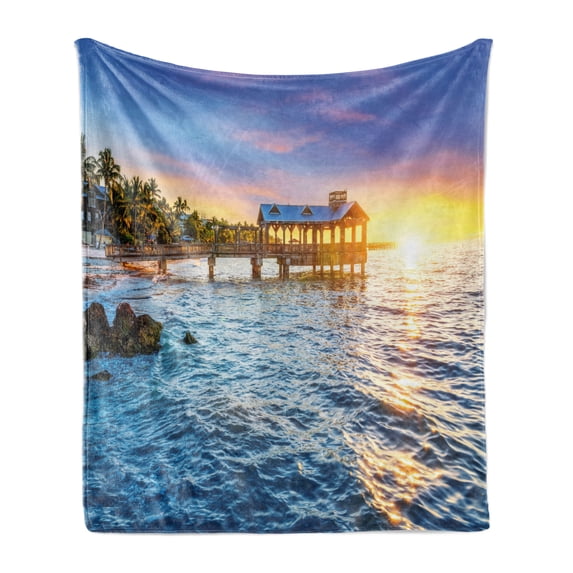 United States Soft Flannel Fleece Throw Blanket, Pier at Beach in Key West Florida USA Tropical Summer Paradise, Cozy Plush for Indoor and Outdoor Use, 60" x 80", Pale Blue Yellow Green, by Ambesonne