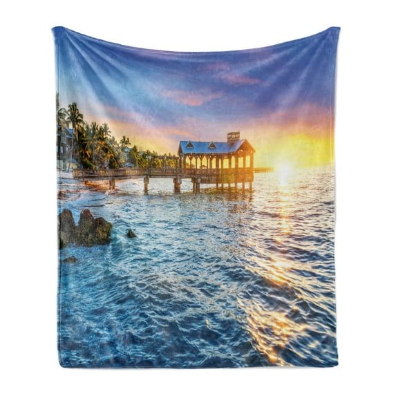 United States Soft Flannel Fleece Throw Blanket, Pier at Beach in Key West Florida USA Tropical Summer Paradise, Cozy Plush for Indoor and Outdoor Use, 70" x 90", Pale Blue Yellow Green, by Ambesonne