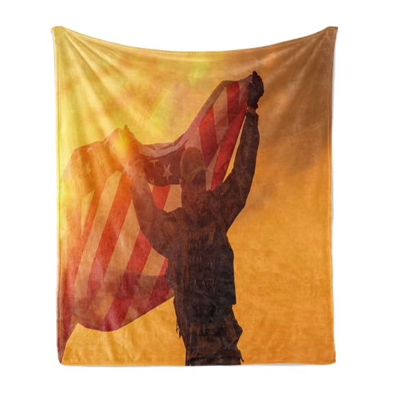United States Soft Flannel Fleece Throw Blanket, Service Man Celebrating Victory with Large American Flag Patriotic Image, Cozy Plush for Indoor and Outdoor Use, 50" x 60", Multicolor, by Ambesonne