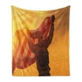 thumbnail image 1 of United States Soft Flannel Fleece Throw Blanket, Service Man Celebrating Victory with Large American Flag Patriotic Image, Cozy Plush for Indoor and Outdoor Use, 60" x 80", Multicolor, by Ambesonne, 1 of 6