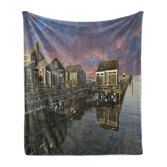United States Soft Flannel Fleece Throw Blanket, Sunset over Nantucket Massachusetts Dramatic Sky Clouds Pond Houses, Cozy Plush for Indoor and Outdoor Use, 60" x 80", Coral Blue Sepia, by Ambesonne
