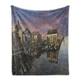 thumbnail image 1 of United States Soft Flannel Fleece Throw Blanket, Sunset over Nantucket Massachusetts Dramatic Sky Clouds Pond Houses, Cozy Plush for Indoor and Outdoor Use, 70" x 90", Coral Blue Sepia, by Ambesonne, 1 of 5