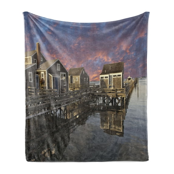 United States Soft Flannel Fleece Throw Blanket, Sunset over Nantucket Massachusetts Dramatic Sky Clouds Pond Houses, Cozy Plush for Indoor and Outdoor Use, 70" x 90", Coral Blue Sepia, by Ambesonne
