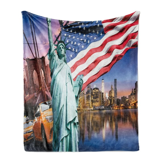 United States Soft Flannel Fleece Throw Blanket, USA Touristic Concept of Liberty NYC Cityscape Flag Cars Illustration, Cozy Plush for Indoor and Outdoor Use, 50" x 70", Multicolor, by Ambesonne
