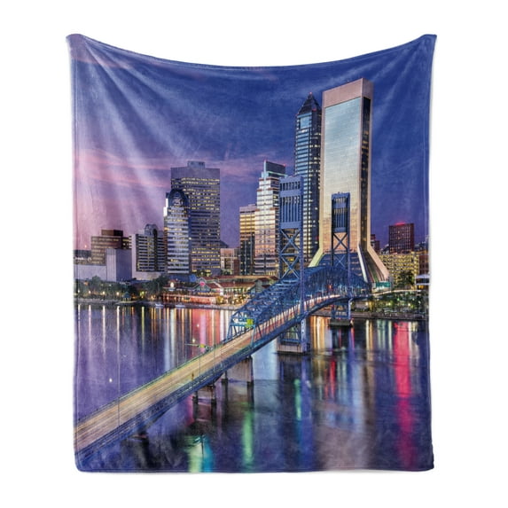 United States Soft Flannel Fleece Throw Blanket, Urban Cityscape Bridge Office Buildings Jacksonville Florida, Cozy Plush for Indoor and Outdoor Use, 60" x 80", Pink Apple Green, by Ambesonne