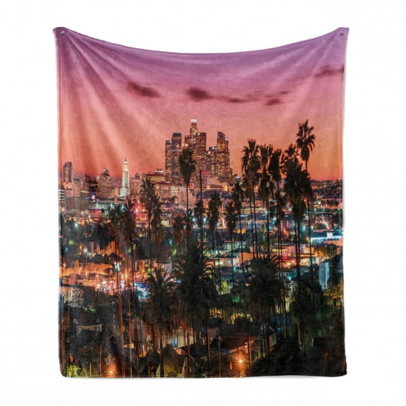 United States Soft Flannel Fleece Throw Blanket, Vibrant Sunset Twilight Scenery Los Angeles Famous Downtown Palm Trees, Cozy Plush for Indoor and Outdoor Use, 70" x 90", Multicolor, by Ambesonne