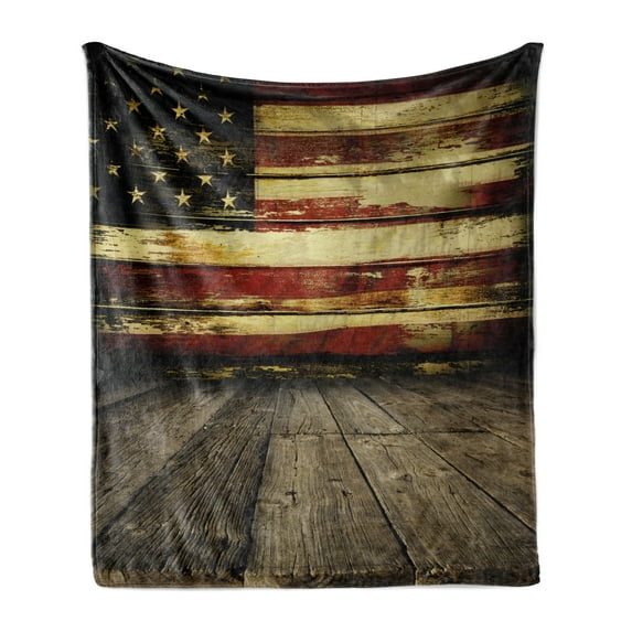 United States Soft Flannel Fleece Throw Blanket, Vintage Art American Flag on Wooden Planks Wall Background Grunge Print, Cozy Plush for Indoor and Outdoor Use, 50" x 60", Cream and Red, by Ambesonne