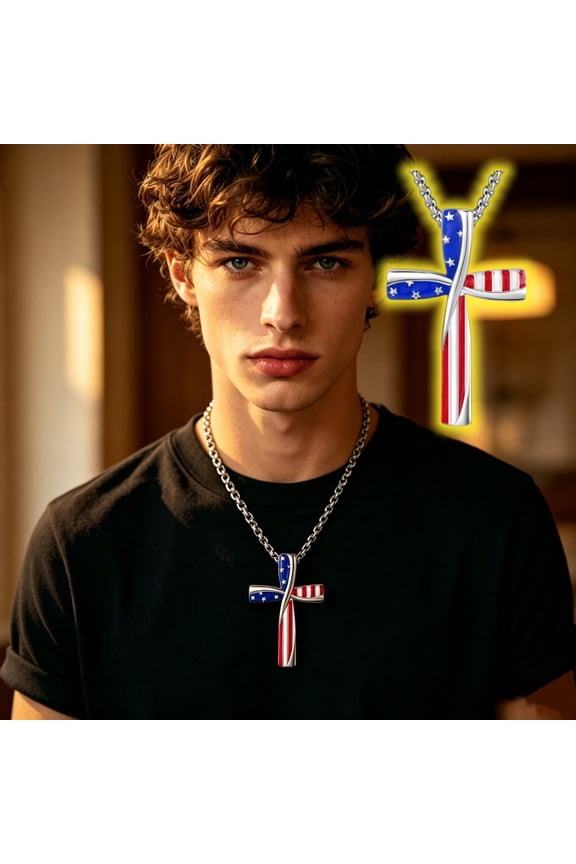 United States Star Cross Pendant Chain Stud US Flag Earring Necklace Set Gift,Excellent Independence Day Jewelry