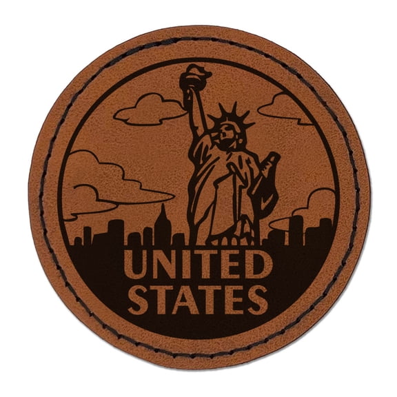 United States Statue of Liberty Country Destination Travel Landmark Round Iron-On Engraved Faux Leather Patch Applique - 2.5 Inch - Brown
