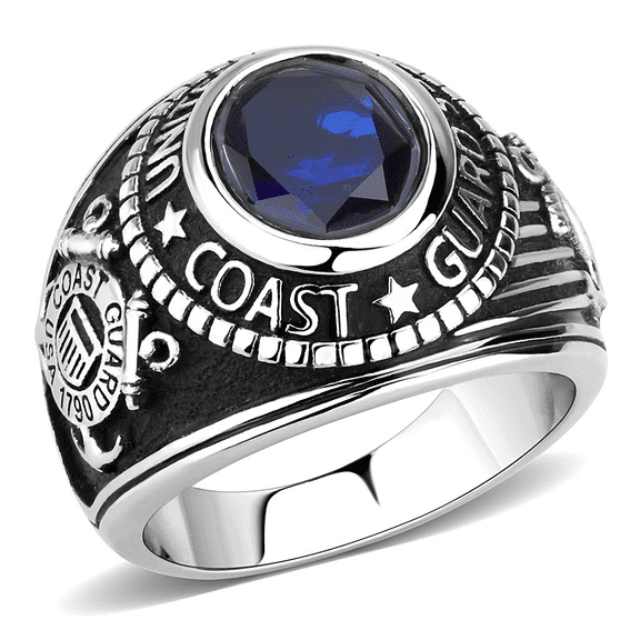 United States US Coast Guard Ring - USCG Military Rings Silver Blue Stone
