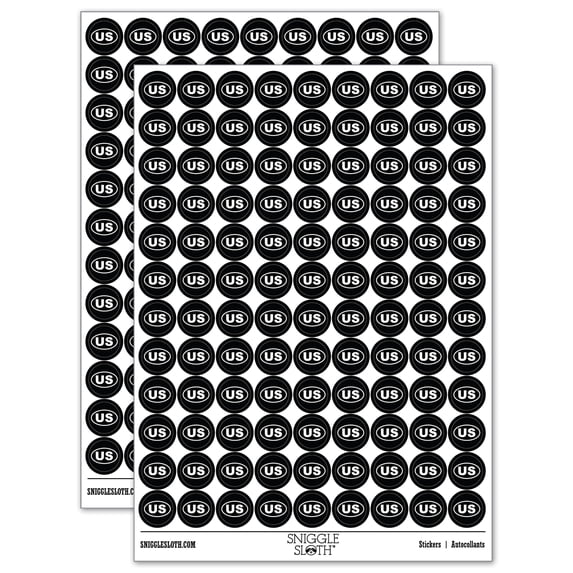 United States US 200+ Round Stickers - Black - Gloss Finish - 0.50" Size