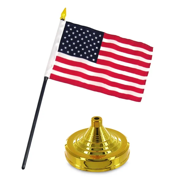 United States USA 4"x6" Flag Desk Set Table Stick Gold Base