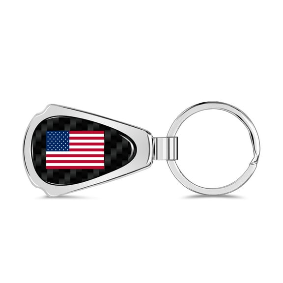 United States USA Flag Real Black Carbon Fiber Chrome Metal Teardrop Key Chain