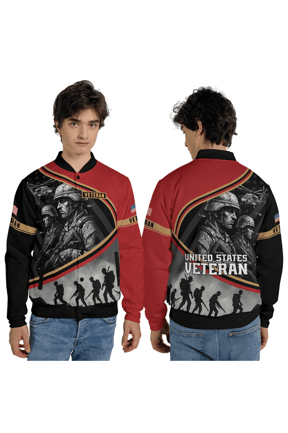 United States Veteran Baseball Jacket – Patriotic Military Soldier Graphic Baseball Jacket, Honor and Service Unisex Outerwear