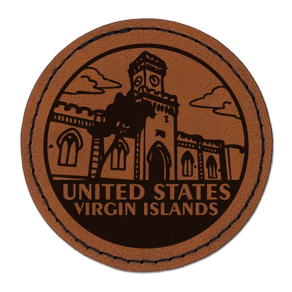 United States Virgin Islands Fort Christian Country Destination Travel Landmark Round Iron-On Engraved Faux Leather Patch Applique - 2.5 Inch - Brown