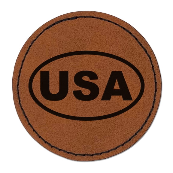 United States of America USA 2.5" Faux Leather Round Engraved Iron-On Patch - Brown
