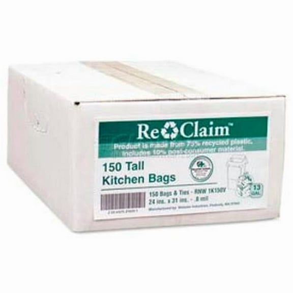 United Stationers Supply 242155 Recycled Kitchen Bags - 13 gal - 0.80 Mil - White - Case of 150